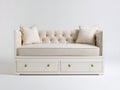 Sofá cama de madera con 2 cajones 205x100x88 cm - Blanco crema y dorado - Respaldo capitoné con almacenamiento integrado