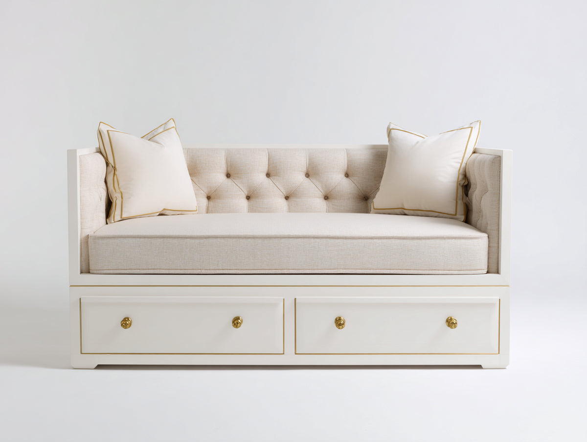 Sofá cama de madera con 2 cajones 205x100x88 cm - Blanco crema y dorado - Respaldo capitoné con almacenamiento integrado