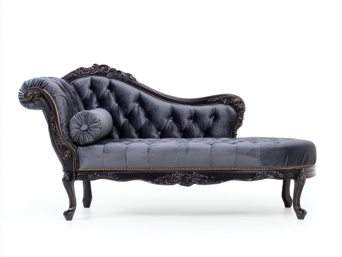 Chaise longue tapizada en terciopelo 182x80x105 cm - Gris antracita y madera negra - Respaldo capitoné con estructura tallada
