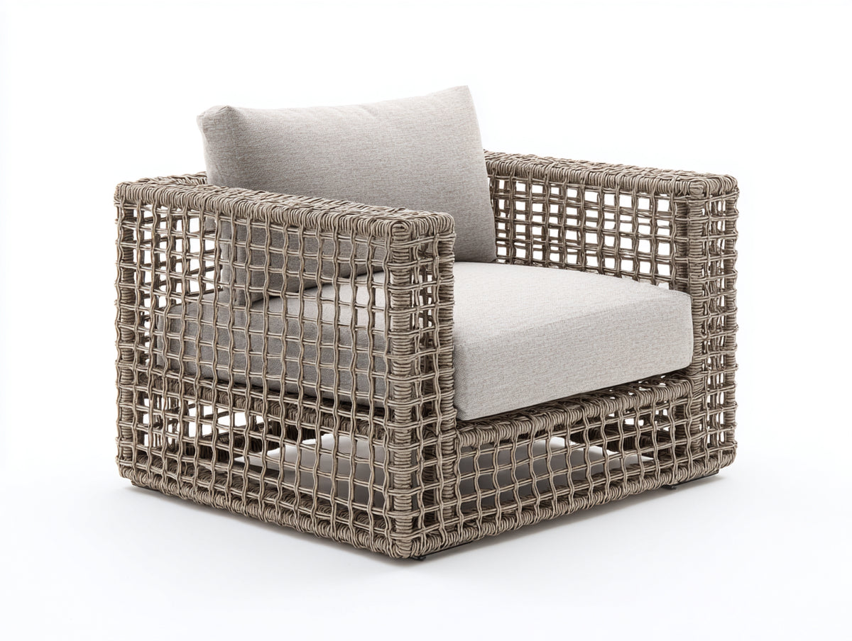 Sillones de ratán - Ratán tejido y estructura metálica 90 x 86 x 78 cm - Gris topo-Beige - Diseño moderno con entramado abierto
