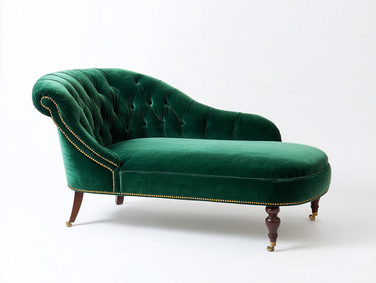 Chaise longue tapizada en terciopelo 180x78x90 cm - Verde esmeralda y madera oscura - Respaldo capitoné con detalles dorados