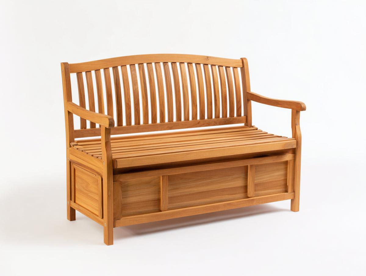 Banco de jardín de madera con almacenamiento 130x60x92 cm - Marrón miel - Respaldo de listones y asiento abatible