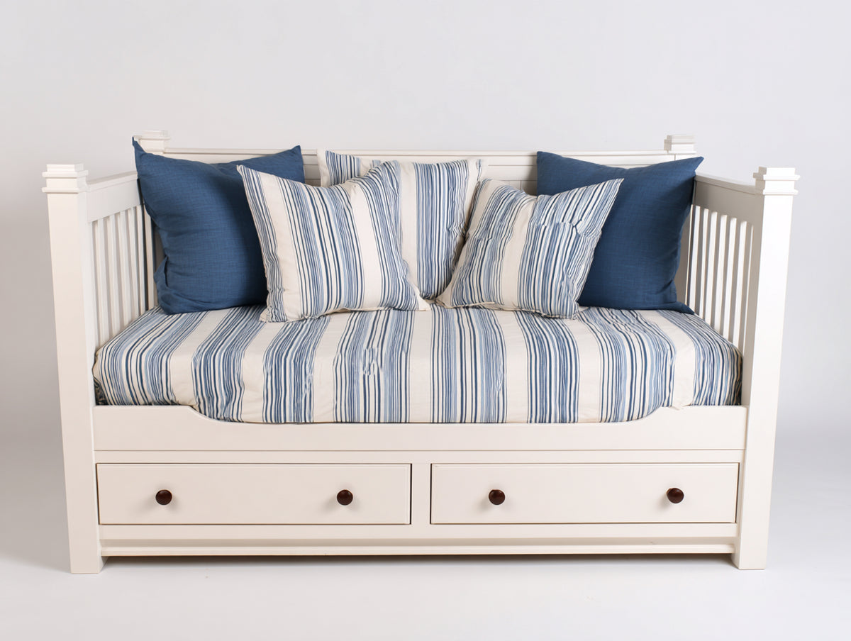 Sofá cama de madera con 2 cajones 205x100x90 cm - Blanco y azul - Diseño de listones con almacenamiento integrado