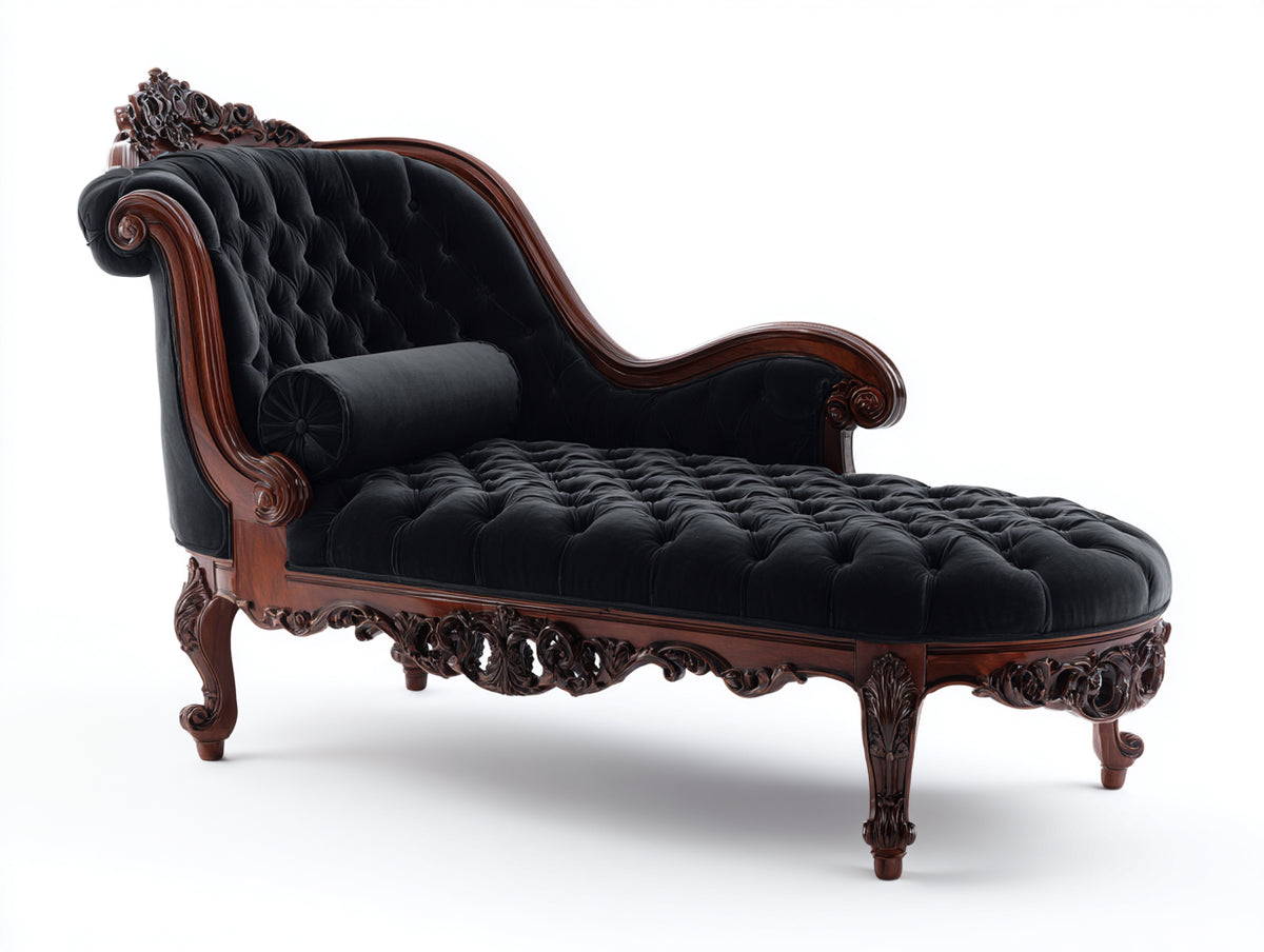 Chaise longue tapizada en terciopelo 190x82x105 cm - Negro-Marrón oscuro - Diseño barroco con capitoné y madera tallada
