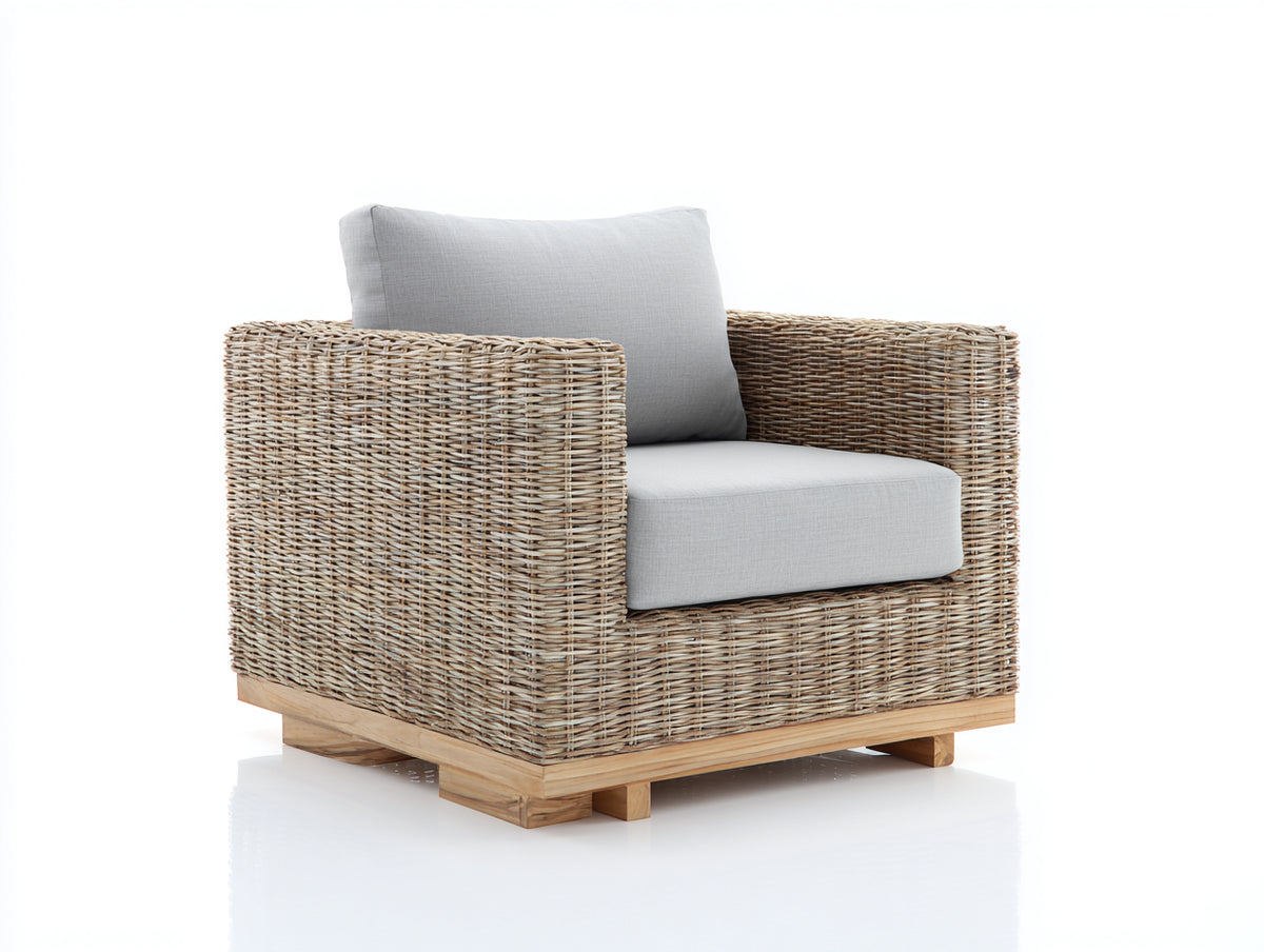 Sillón de ratán 103x93x84 cm - Ratán natural-Gris claro-Madera natural - Diseño moderno con base elevada
