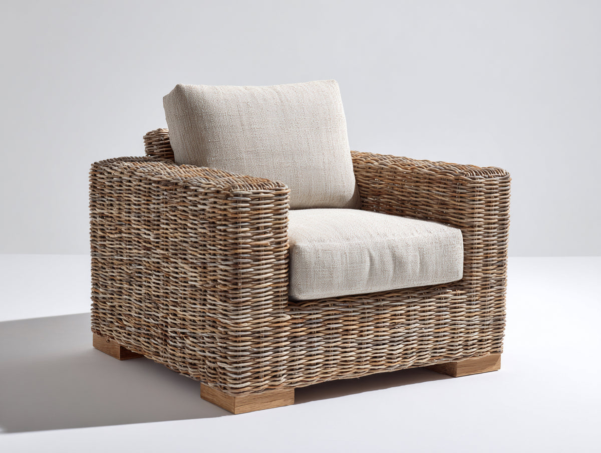 Sillón de ratán natural 90x86x80 cm - Marrón natural y beige claro - Asiento acolchado y diseño envolvente