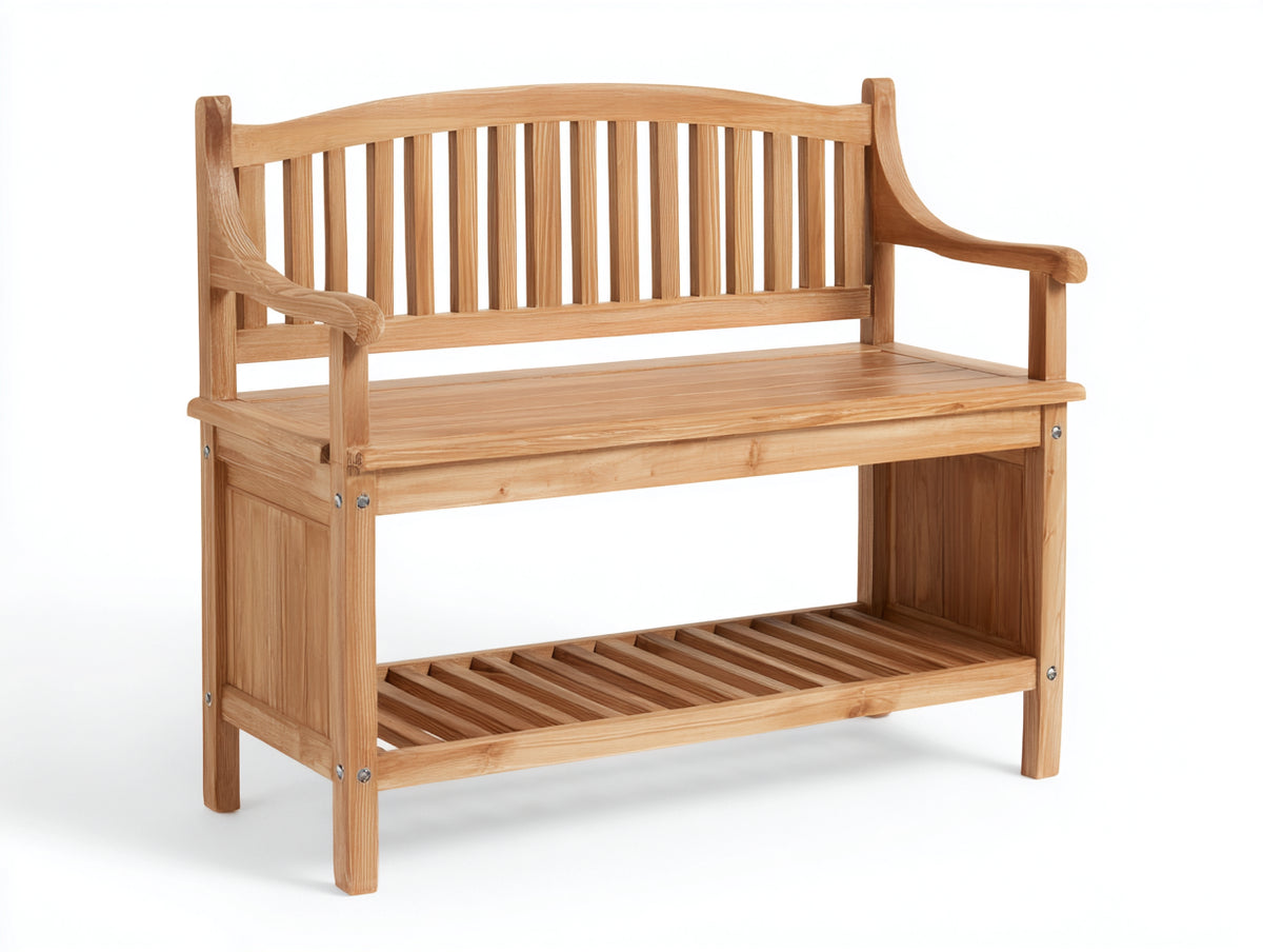 Banco de jardín de madera 120x55x110 cm - Madera natural - Diseño clásico con estante inferior