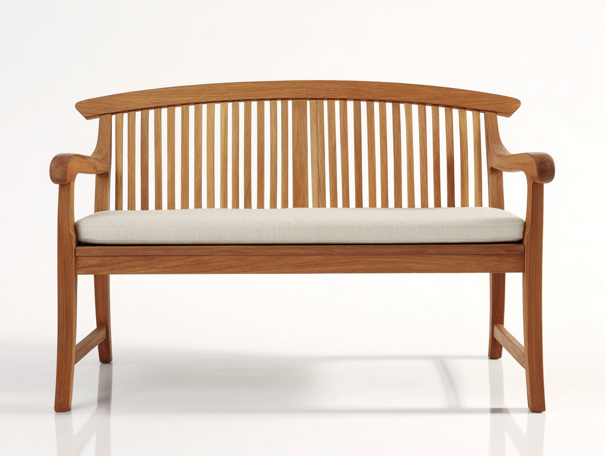 Banco de jardín - Madera maciza y asiento tapizado 155 x 62 x 96 cm - Marrón-Beige - Diseño clásico con respaldo curvo y reposabrazos