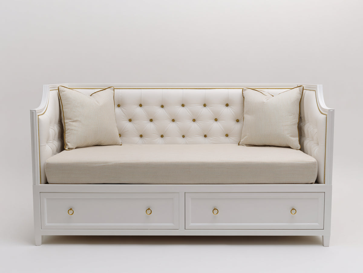 Sofás cama de madera y tela 210x90x95 cm - blanco-blanco crema - diseño clásico con 2 cajones para salón y dormitorio