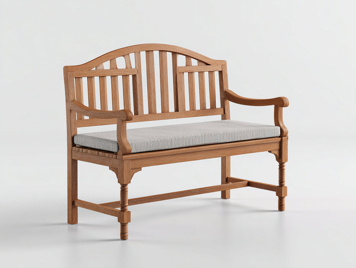 Banco de jardín de madera 130x60x95 cm - Marrón natural y gris claro - Respaldo de listones y asiento acolchado