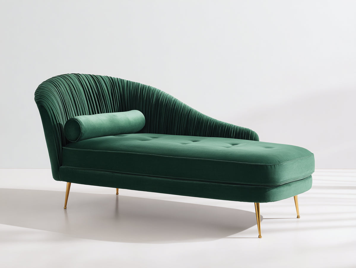 Chaise longue - Estructura de madera y tapizado de terciopelo 180 x 75 x 85 cm - Verde oscuro-Dorado - Diseño moderno con respaldo curvo