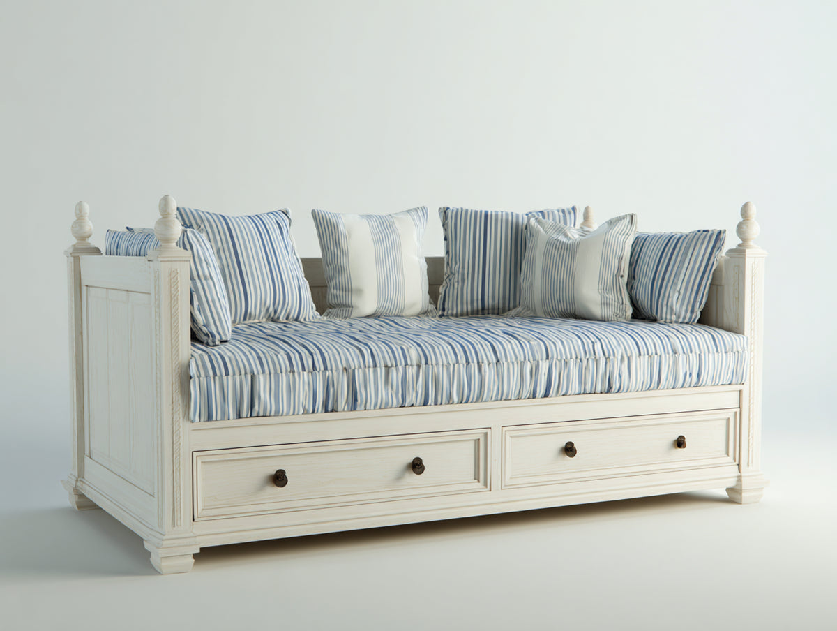 Sofá cama de madera con 2 cajones 210x100x92 cm - Blanco y azul - Diseño clásico con almacenamiento integrado