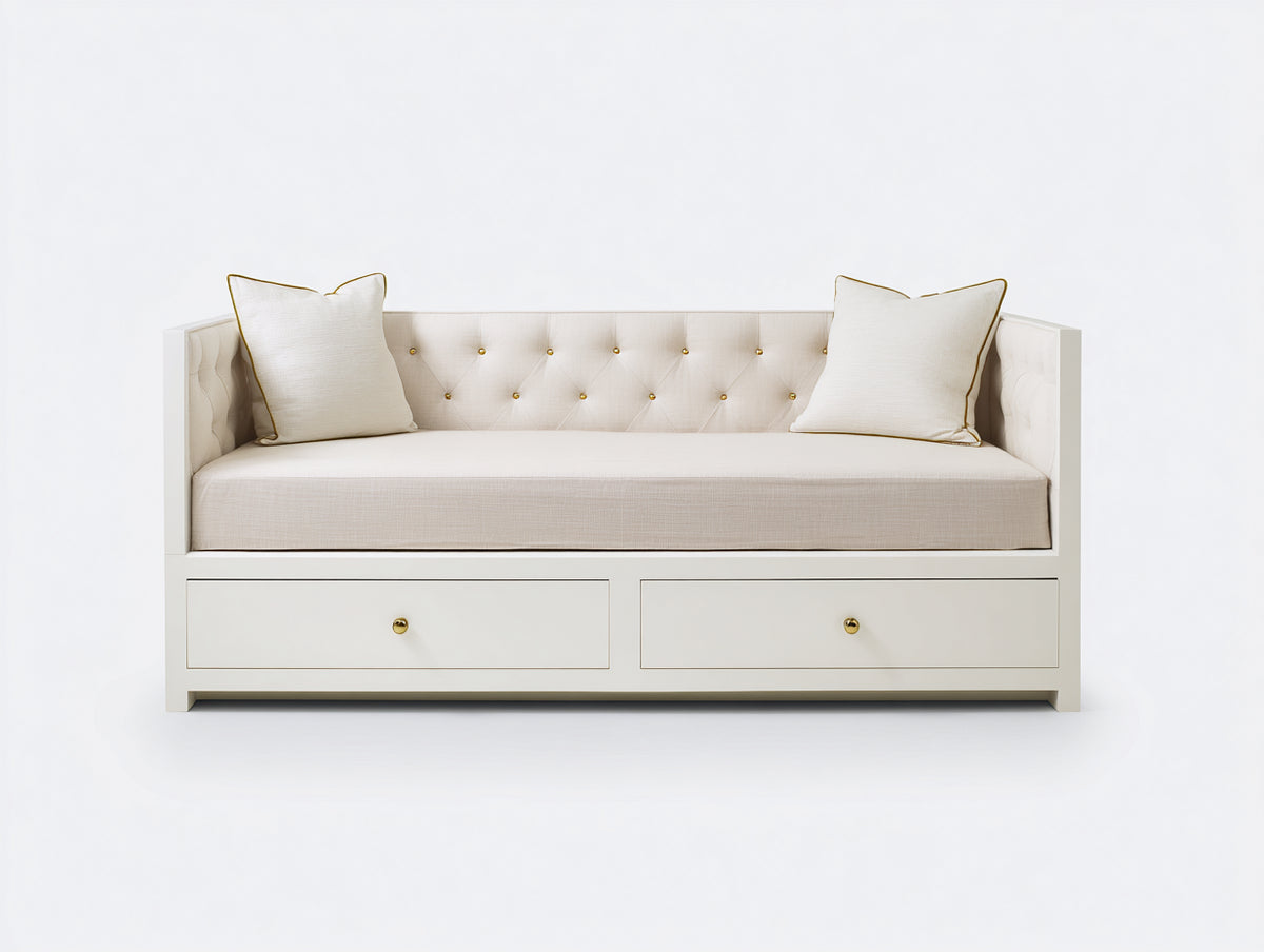 Sofá cama de madera tapizado 200x90x85 cm - Blanco-Beige - Diseño moderno con 2 cajones