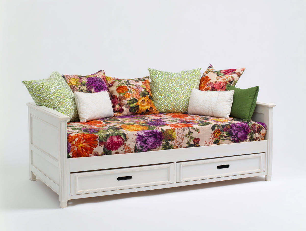 Sofá cama de madera con 2 cajones 210x100x85 cm - Blanco y multicolor - Diseño floral con almacenamiento integrado