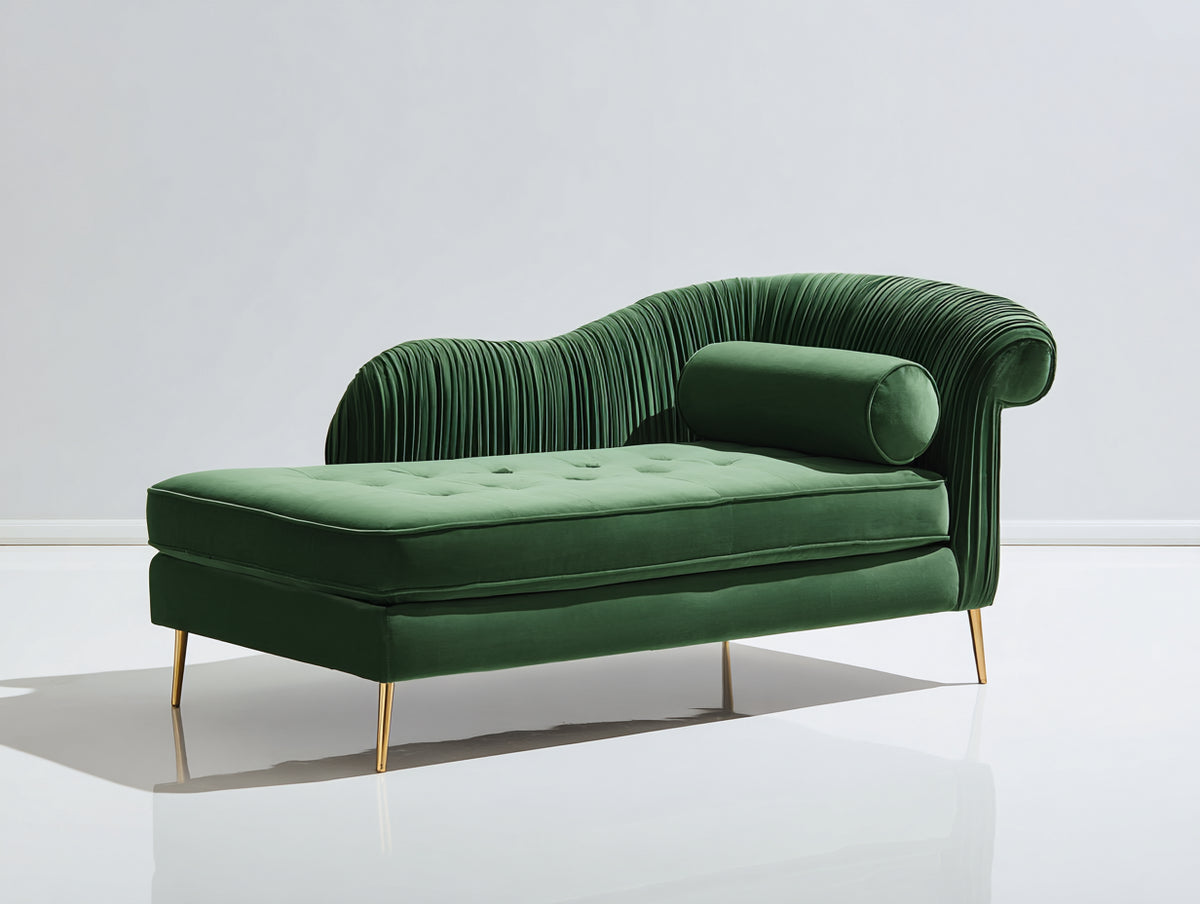Chaise longue tapizada en terciopelo 180x75x85 cm - verde oscuro - diseño moderno con respaldo curvo para salón