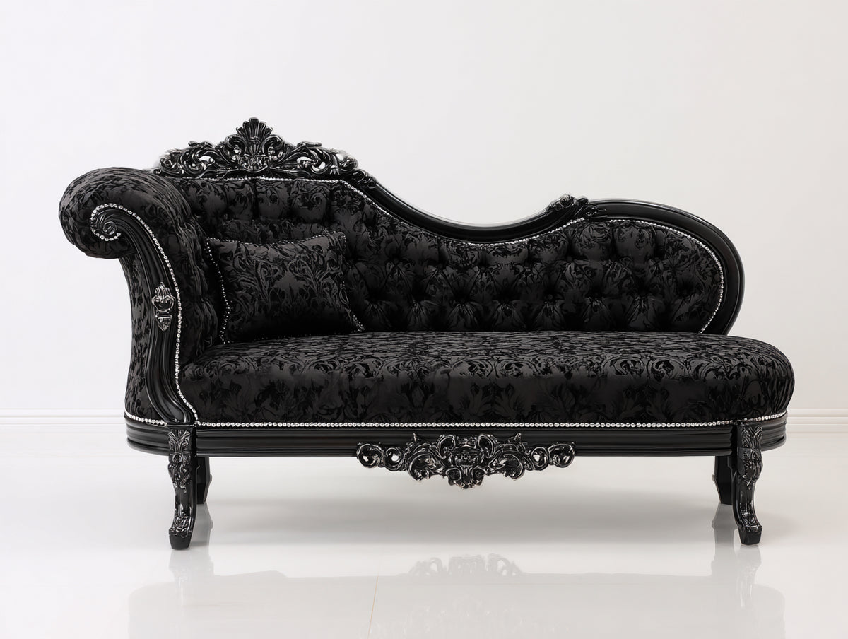Chaise longue de terciopelo 195x80x98 cm - negro - estilo barroco capitoné para salón