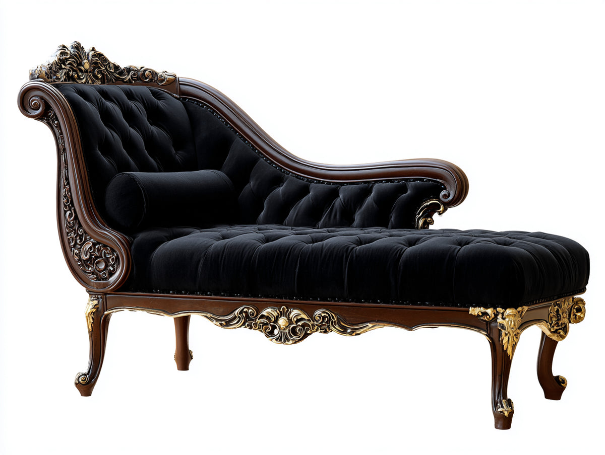 Chaise longue tapizada en terciopelo 185x82x112 cm - Negro marrón oscuro y dorado - Estructura tallada con capitoné clásico