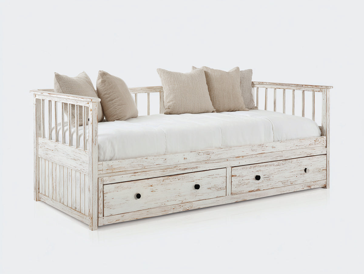 Sofá cama de madera blanco estilo rústico 200x90x85 cm - Blanco - Diseño con cajones de almacenamiento