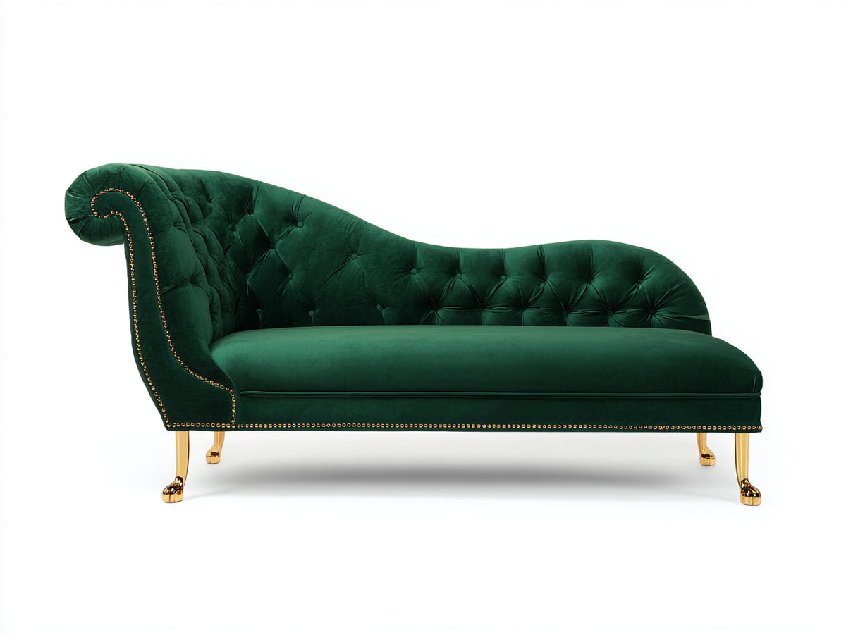Chaise longue - Estructura de madera y tapizado de terciopelo 190 x 82 x 92 cm - Verde oscuro-Dorado - Diseño clásico con respaldo capitoné