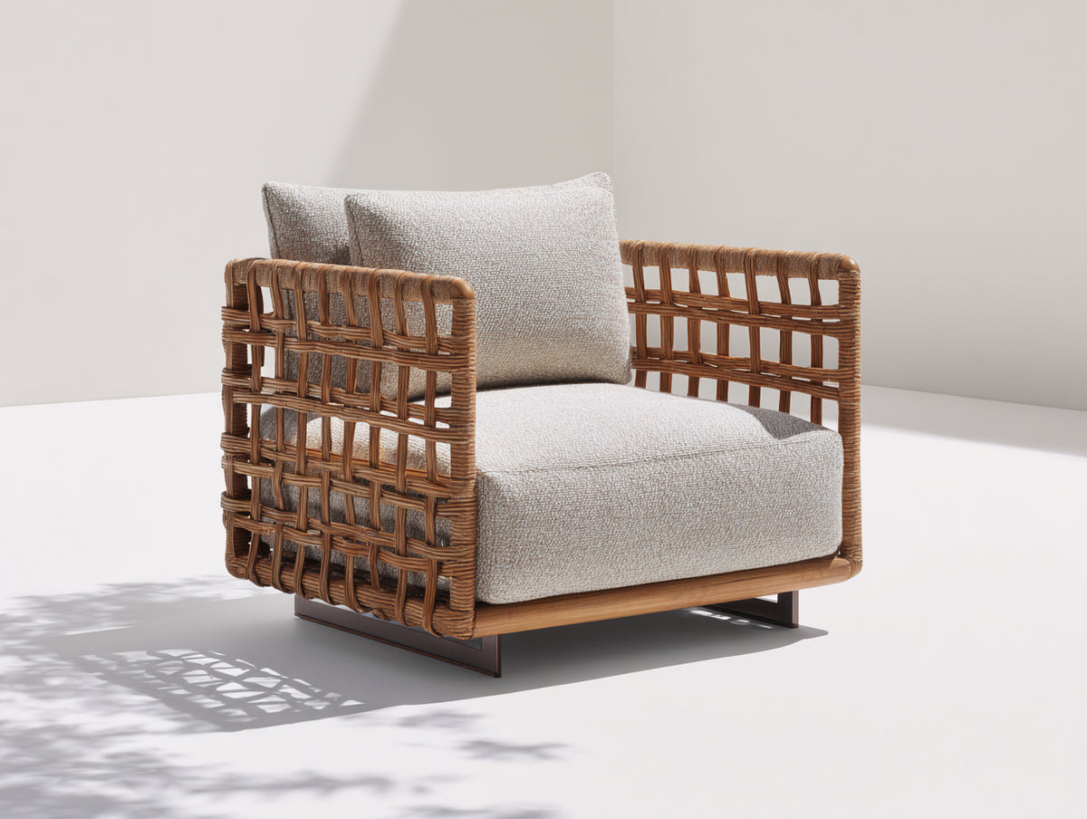 Sillones de ratán - Ratán tejido y estructura metálica 88 x 84 x 82 cm - Marrón-Beige - Diseño moderno con reposabrazos abiertos