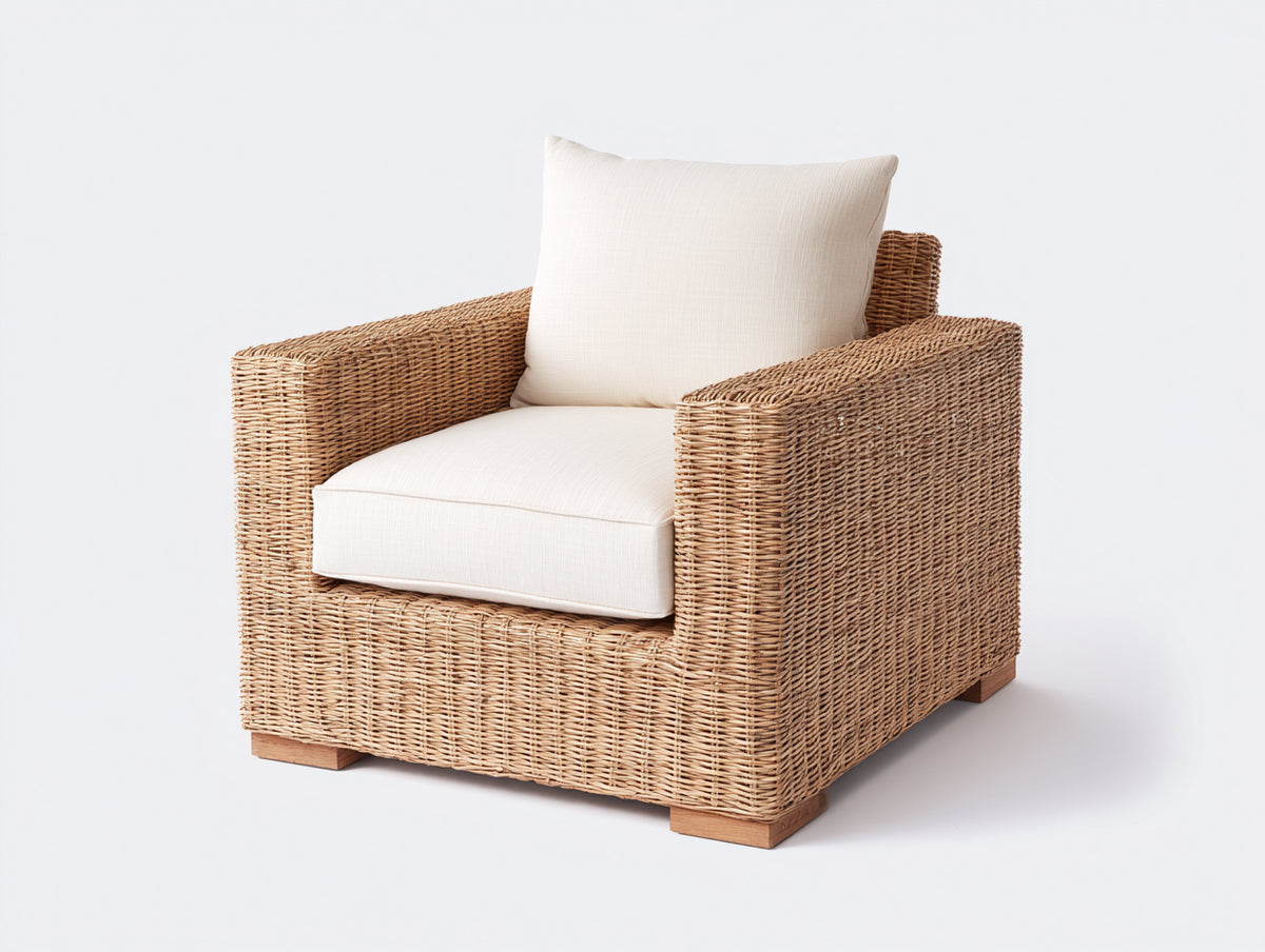 Sillón de ratán natural 88x84x80 cm - Marrón claro y blanco crema - Asiento acolchado y diseño envolvente