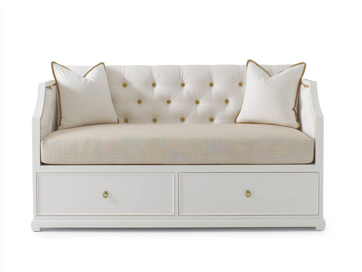 Sofás cama - Estructura de madera y tapizado de tela 190 x 90 x 95 cm - Blanco-Beige - Diseño clásico con 2 cajones