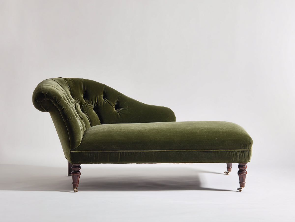 Chaise longue - Estructura de madera y tapizado de terciopelo 180 x 78 x 88 cm - Verde oliva-Marrón oscuro - Diseño clásico con respaldo capitoné