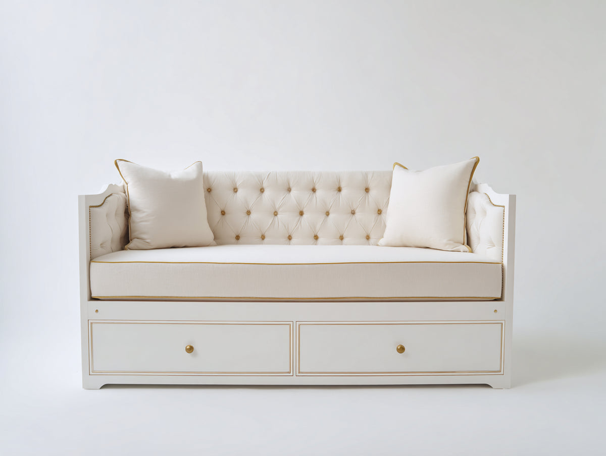 Sofás cama de madera y tela 200x90x85 cm - blanco y dorado - para salón con diseño elegante