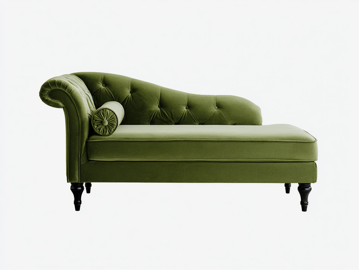 Chaise longue tapizada en terciopelo 185x78x88 cm - Verde oliva-Negro - Diseño clásico con capitoné y respaldo curvo