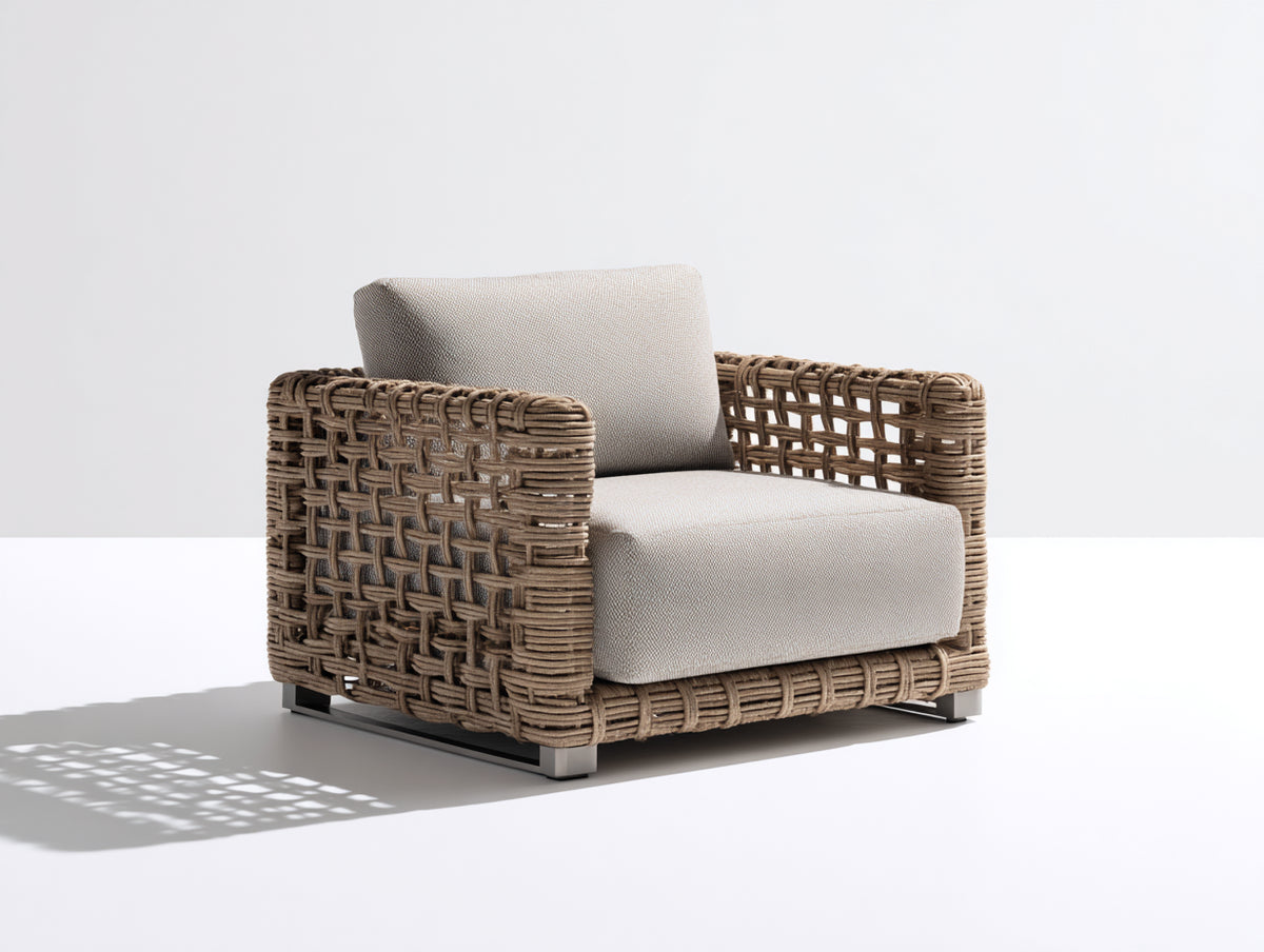 Sillón de ratán trenzado 86x84x78 cm - Marrón topo y beige claro - Diseño abierto con base metálica
