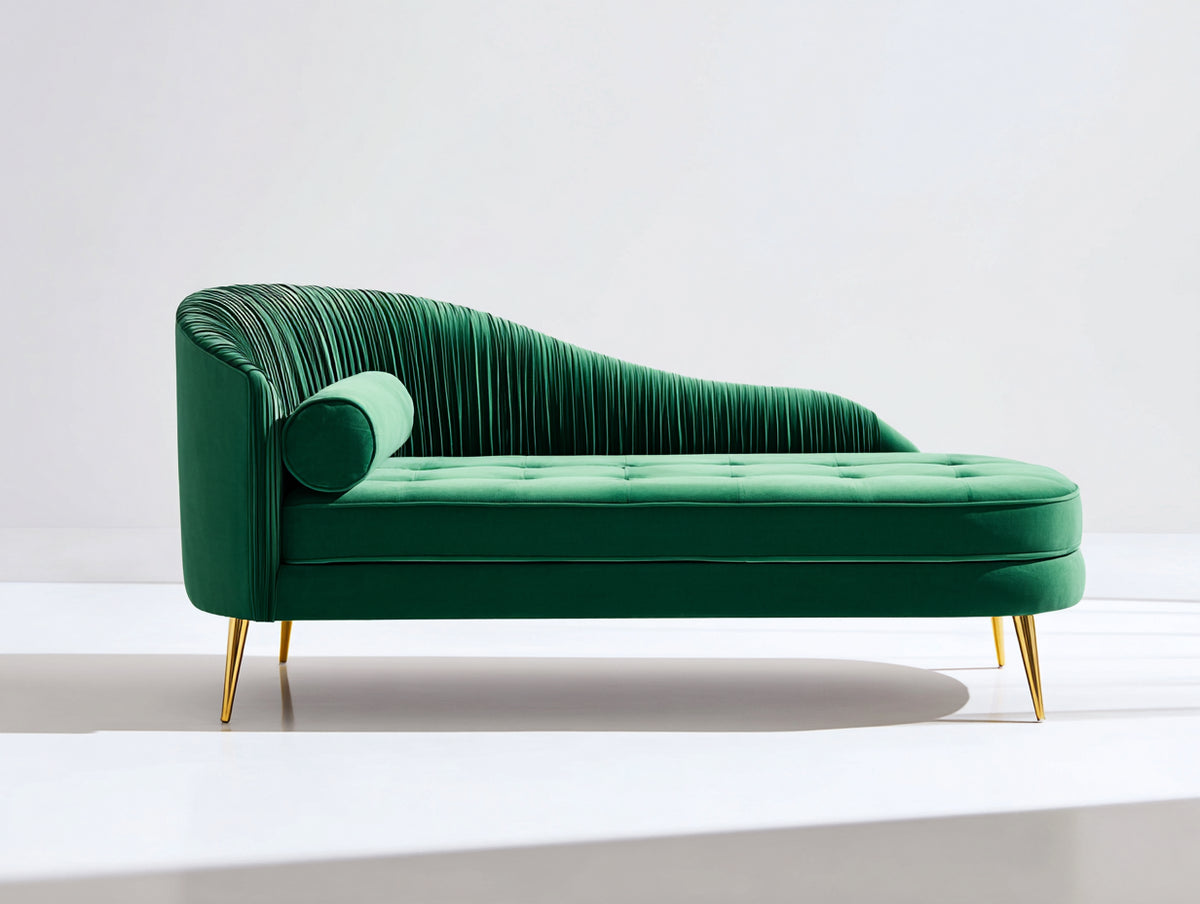 Chaise longue tapizada en terciopelo 190x80x85 cm - Verde esmeralda-Dorado - Diseño moderno con respaldo curvo