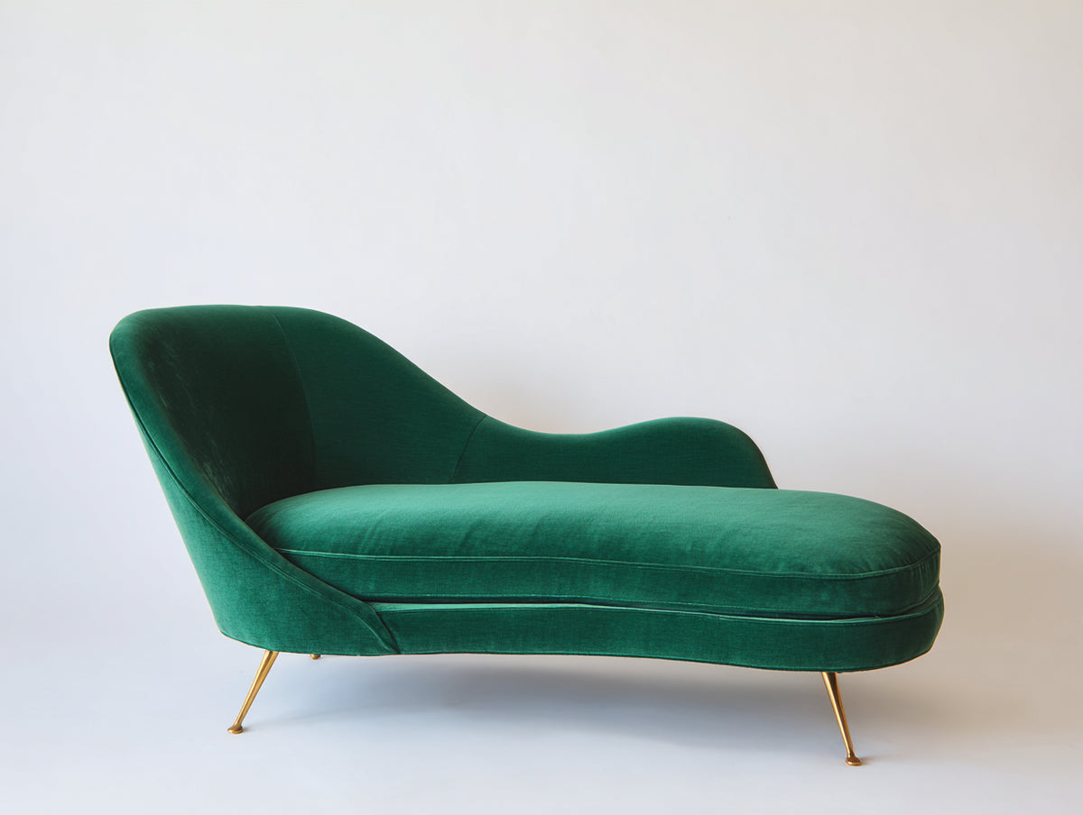 Chaise longue tapizada en terciopelo 180x75x80 cm - Verde esmeralda-Dorado - Diseño moderno con respaldo curvo